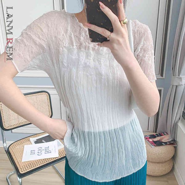 

women white pleated translucent t-shirt arrivals round neck short sleeve temperament fashion summer 2e1972 210507