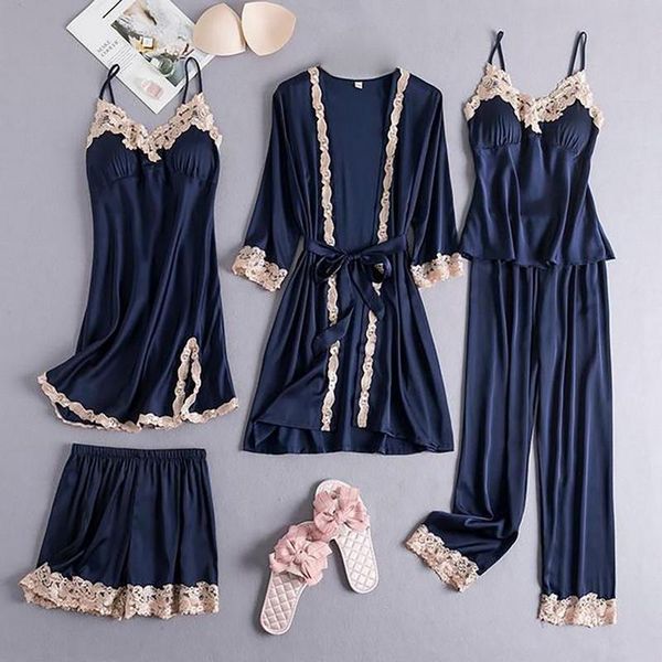 

women's sleepwear 5pcs set pajamas casual for women satin kimono robe gown lace patchwork nightwear spring autumn home pyjamas suit, Black;red