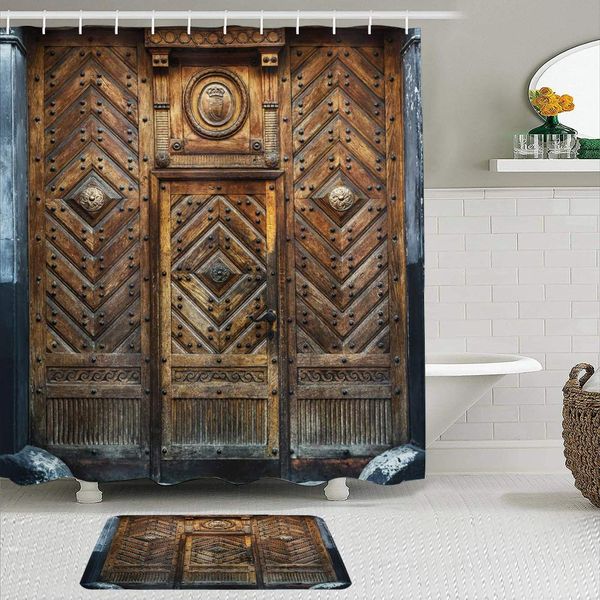 

shower curtain and bath mat set,rustic old door frame traditional ornament strong rusty gate homefront designing image,72x72in