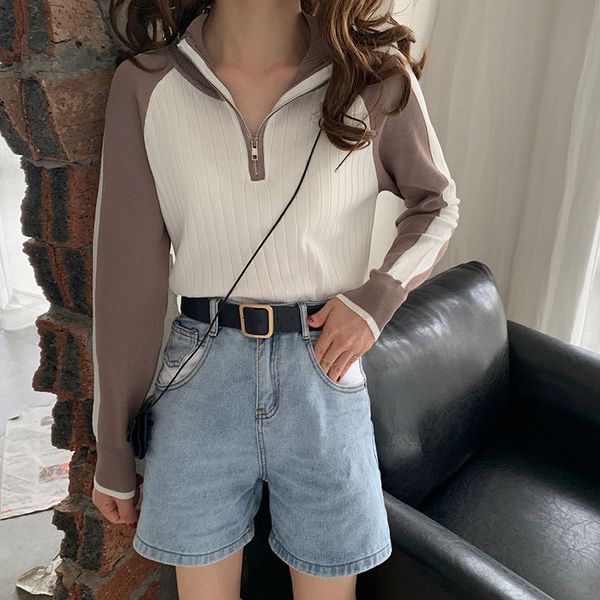 

sweaters chic striped color-hit sports casual all-match zipper loose elastic full-sleeved thin short knitted sweaters, White;black