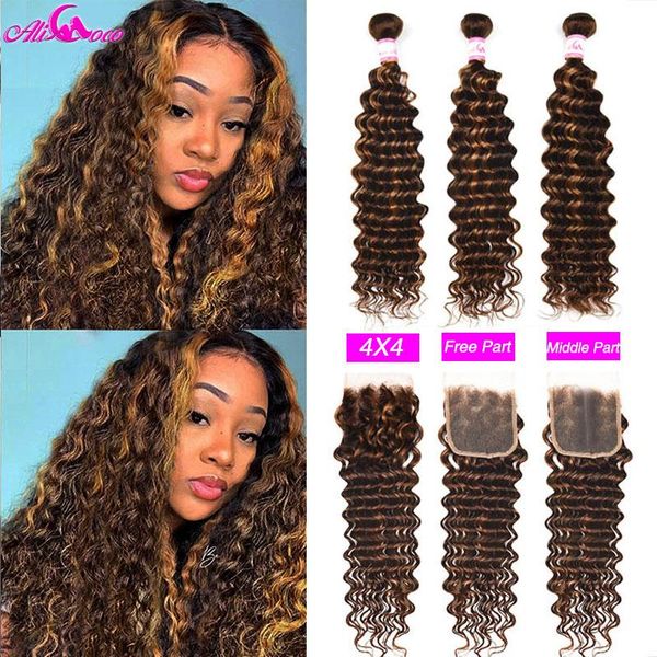 

human hair bulks ali coco deep wave highlight colored bundles with closure p4/30 3 4 hightlight curl, Black