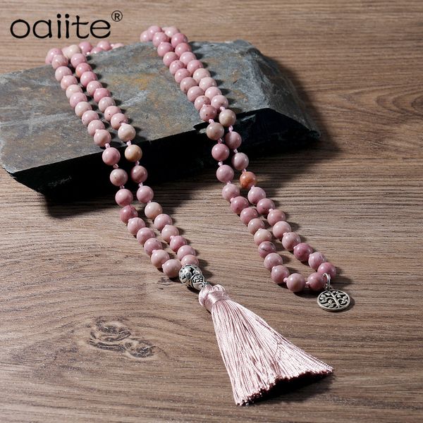 

oaiite 108 mala prayer meditation yoga necklace women men hand knotted natural stone bead tassel strand necklace, Silver