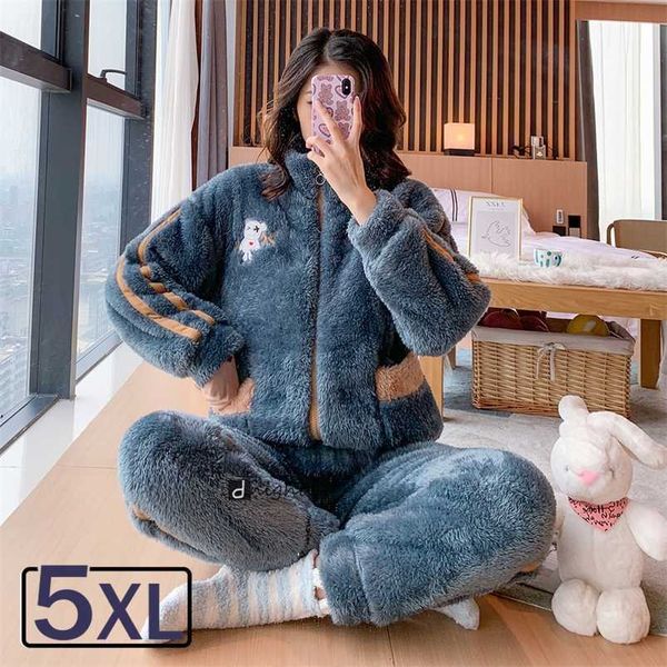 

5xl winter women's warm home clothes sleepwear ladies flannel thick coral fleece cute cartoon pajamas large size woolen pijama 211103, Black;red