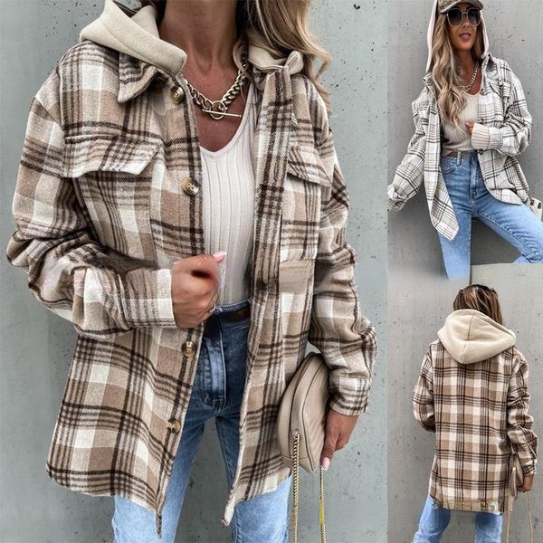 

women's wool & blends winter coat fashion hooded (removable) plaid warm thickened fleece shirt jacket casual loose, Black