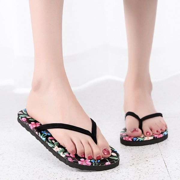 

summer shoes 2021 women flowers beach indoor slipper breathable non-slip shoes sandals home slipper female flip-flops flat shoes, Black