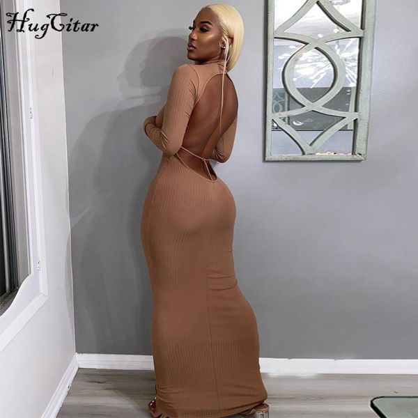 

hugcitar 2021 long sleeve solid backless skinny ribbed maxi dress autumn winter women fashion party club outfits casual dresses, Black;gray