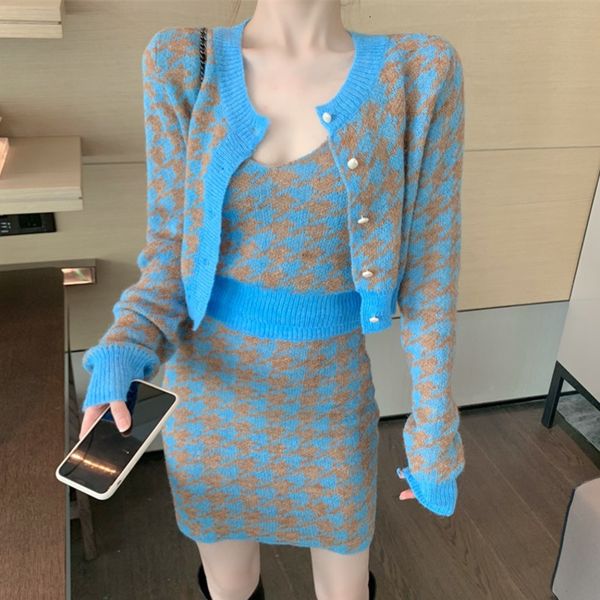 

skirt korean sweet knit plaid cardigans camisole skirts 3pcs sets girls short sweater coat vest + mini suits women outfits dolq, Black