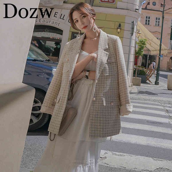 

autumn spring plaid blazer women elegant lace up full sleeve work jacket notched collar outerwear retro button lattice suit 210414, Black;brown