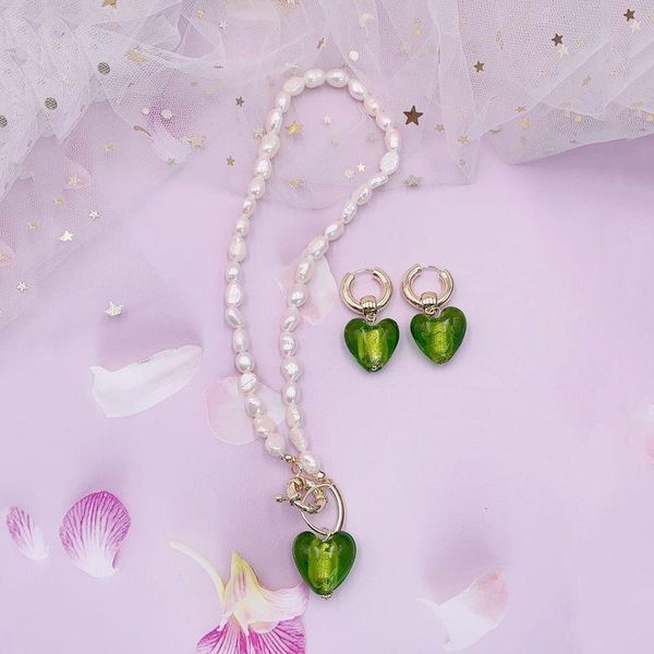

pendant necklaces minar vintage dainty green color glass love heart necklace for women natural freshwater pearl chokers jewelry, Silver