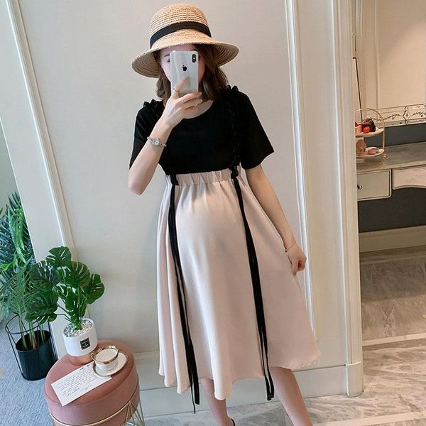 

maternity dresses summer pregnant women noble fashion outing suit stretch thin t-shirt two-piece temperament strap chiffon breastfeeding dre, White