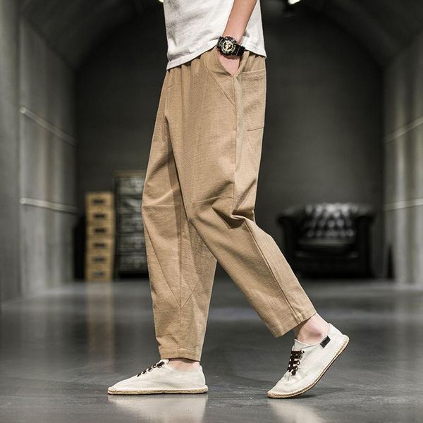 

men's pants mrgb cotton linen solid color oversize men straight casual vintage man trousers elastic waist loose fashion clothing, Black