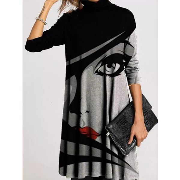 

plus size 5xl women turtleneck long sleeve midi dress spring autumn caual printed loose casual dresses, Black;gray