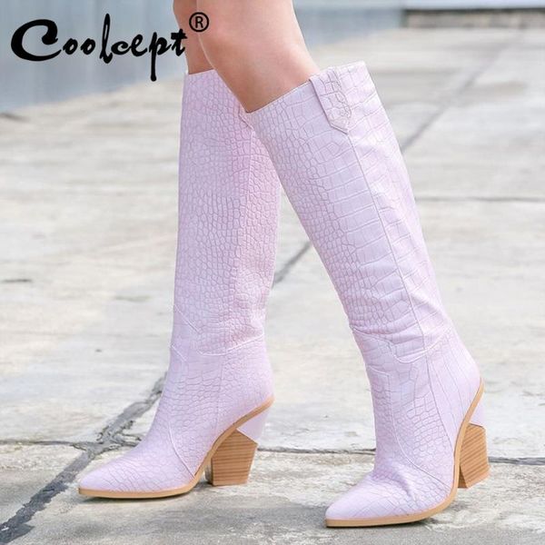 

boots coolcept plus size 33-43 brand knee high women warm plush pointed toe heels cowgirl winter shoes for, Black