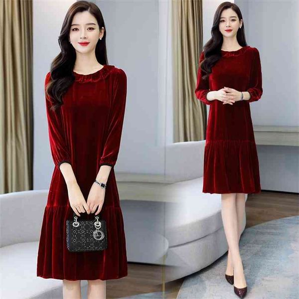 

spring 3xl plus size vintage women midi dress autumn red gold velvet casual warm vestidos party solid hepburn dresses 210528, Black;gray