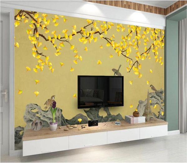 

custom wallpaper mural ginkgo hand-painted brushwork flowers and birds chinese background wall decoration painting wallpapers