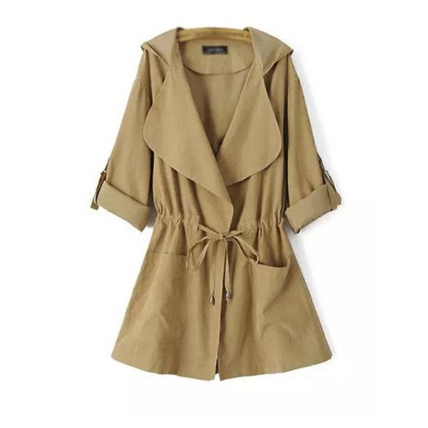 

women's trench coats autumn casual hooded windbreaker coat turndown collar overcoat outerwear solid color belt slim, Tan;black