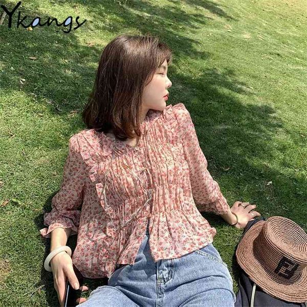 Vintage Slow Sleeve Floral Chiffon Doce Camisas Mulheres Primavera Verão Verão Coreano Camisa Lace Top Blusas Tunics Meninas 210421