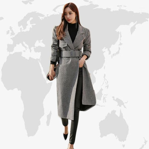 

guangzhou, china thousand bird grid woolen coat women 2021 autumn korean belt suit collar middle length loose style women's wool & blen, Black