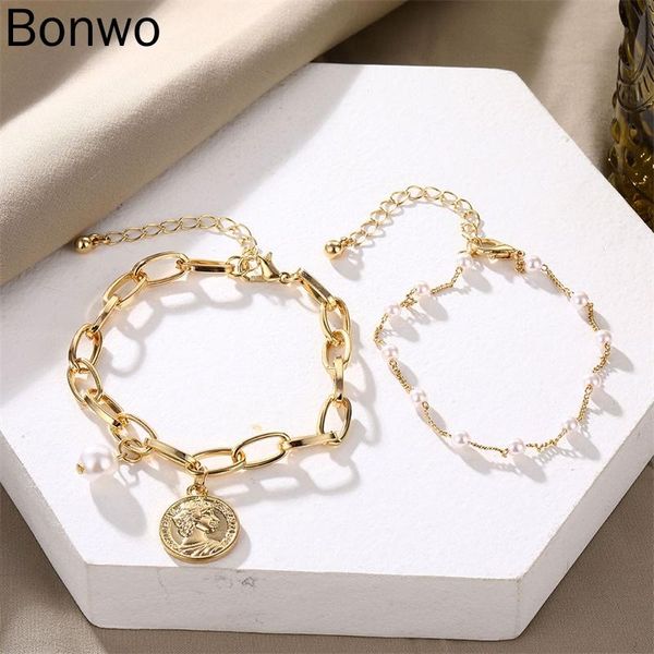 

women vintage imitation pearl pendant bracelets bangles wedding ol punk chunky heart chain bracelet couple jewelry dance gifts charm, Golden;silver