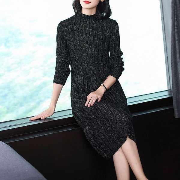 

casual dresses 2021 autumn pattern self-cultivation thin half high lead long knitting bright silk sweater directly canister dress, Black;gray