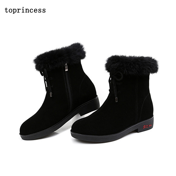 

boots hn14 incess fashion winter for women zipper and lace up rounded toe furry snow platform outdoor, Black