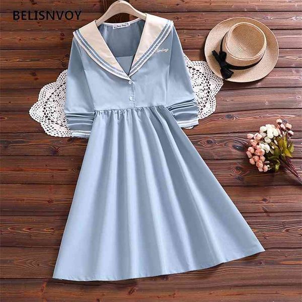 

japanese preppy style long sleeve dress women sailor collar sweet loose students dresses simple cute all-match fashion ulzzang 210520, Black;gray