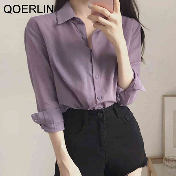 

minimalist gentle purple shirt ladies lapel single-breasted thin spring summer korean full sleeve plus size blouse womens 210416, White