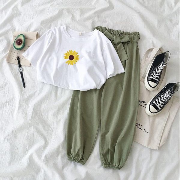 

women's tracksuits print tracksuit two piece set women summer 2021 kawaii korean 2 suit female casual white tshirt cute girl sets cloth, Gray