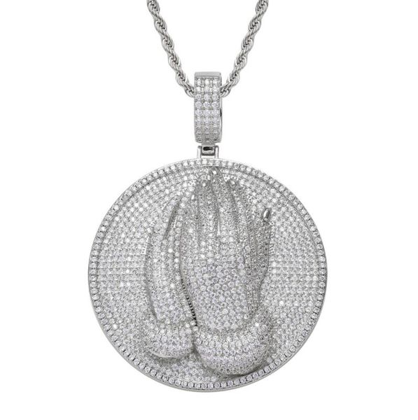 

hip hop hands praying zircon pendant necklaces for men women luxury designer mens bling diamond gold chain necklace jewelry love gift, Silver