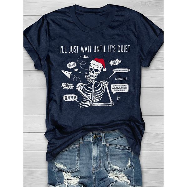 

summer women's t-shirt christmas skull print round neck street casual home short-sleeved loose and comfortable, White