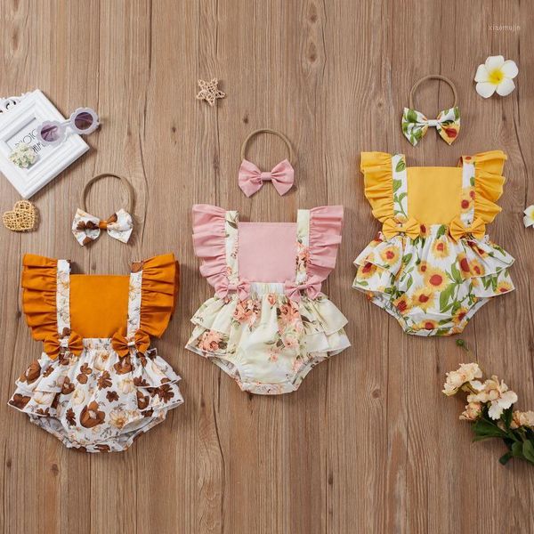 

rompers born infant baby girls bodysuit ruffles sunflower printed backless suspender bodysuits+headbands summer girl clothes 3-18m, Blue