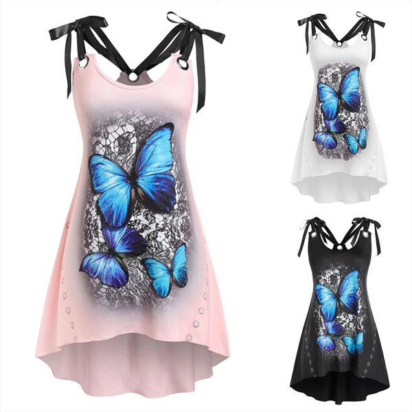

40 butterfly printed women dresses tank plus size tie shoulder irregular for, Black;gray