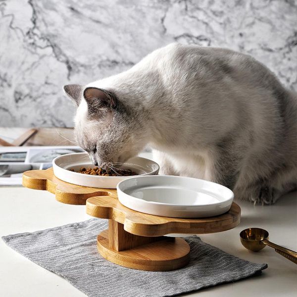 

double cat dog bowl bamboo wood ceramic water protection spine high foot oblique fish bone + pet supplies bowls & feeders