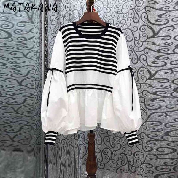 

matakawa striped stitching women blouse long sleeves loose-fitting shirt women's spring fashion blusas 210513, White