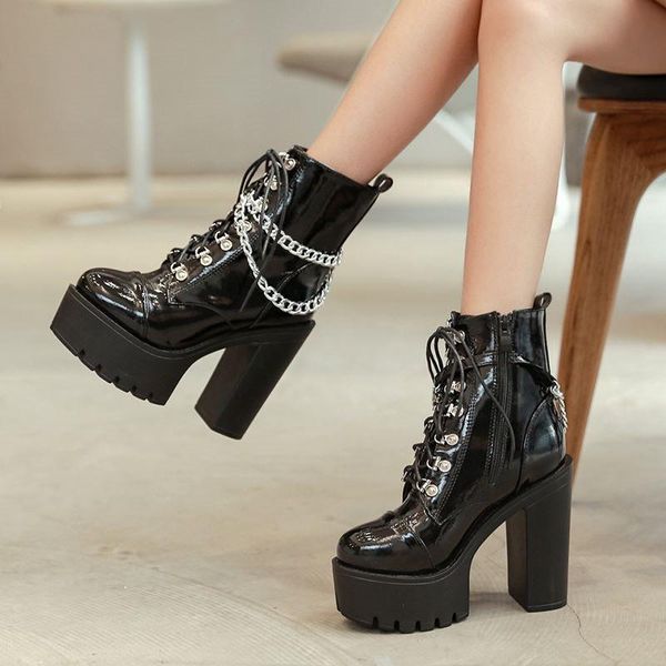 

boots pxelena metal chain street motorcycle biker punk rock gothic ankle women patent leather block high heels platform shoes 40, Black