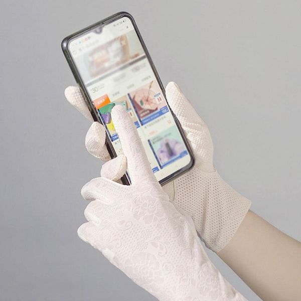 

five fingers gloves women summer sun protection lacework outdoor silk breathable finger driving spot non-slip touch screen ladies, Blue;gray