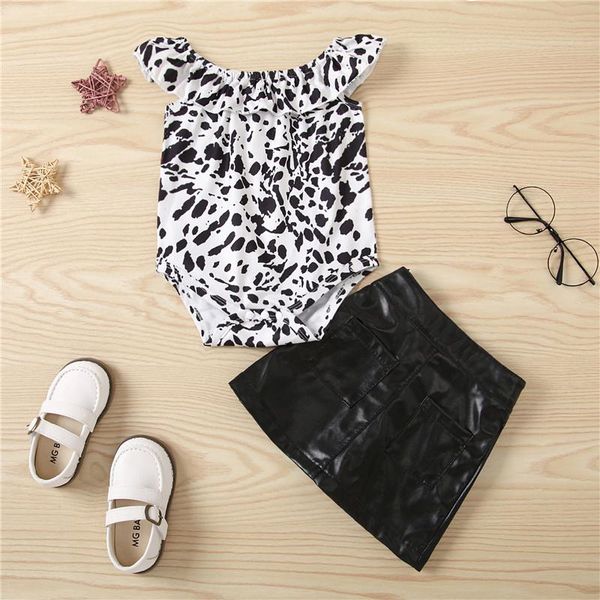 

clothing sets 2pcs born baby girls fashion clothes sets,summer children kids off shoulder leopard print bodysuit+leather skirt set, White