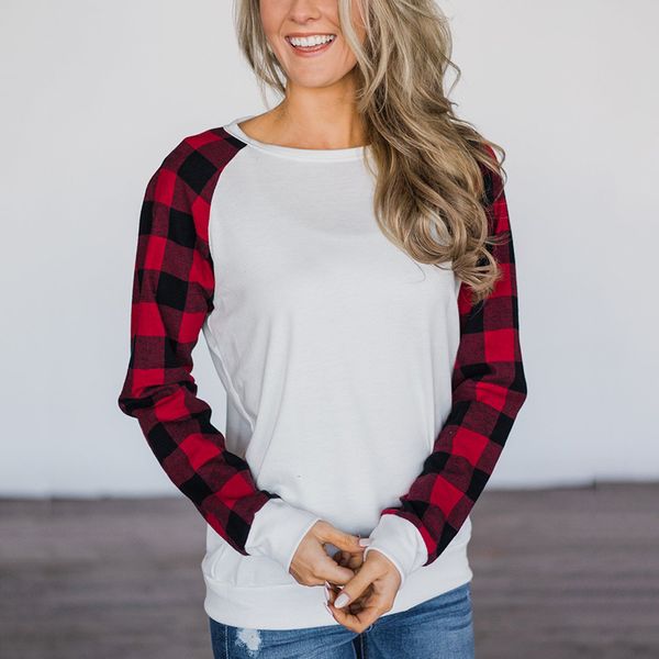 

5xl plaid patchwork raglan sleeve blouse women round neck long sleeves female blouses spring ladies casual clothes 210518, White