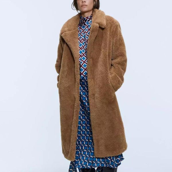 

za autumn winter women long furry faux fur coat plush jacket female outerwear coats sleeves fashion overcoat fur cardigan 210420, Black