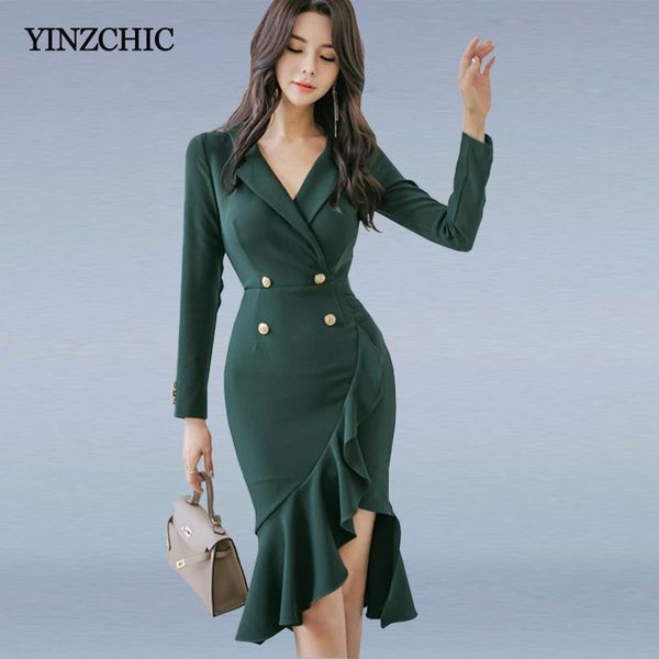 

casual dresses spring ol slim mermaid dress notched neck female bodycon green full sleeve ruffles knee-length for woman work, Black;gray