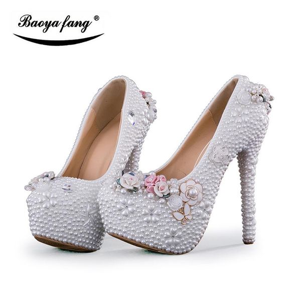

baoyafang white beads flower women wedding shoes platform 8cm/11cm/14cm high fashion woman ladies pumps dress, Black