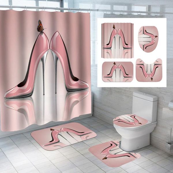 

pink heels waterproof bathroom shower curtain toilet cover bath mat non-slip rug set accessories with 12 hook curtains