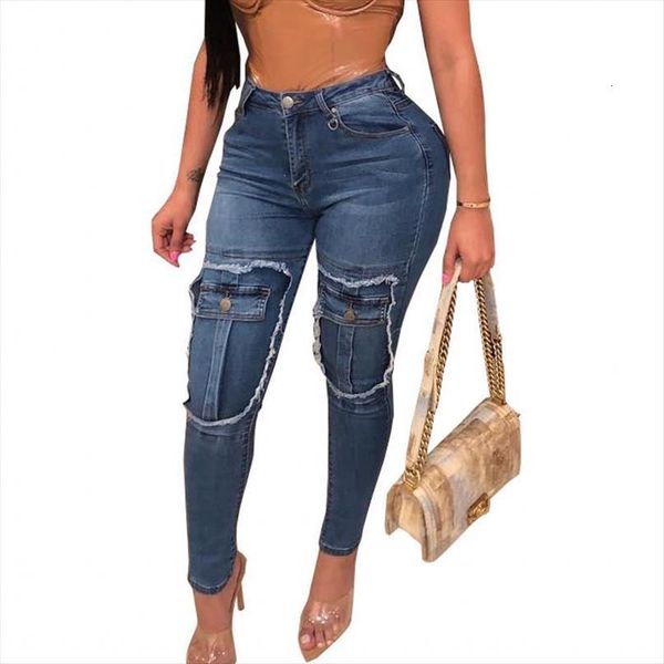 

fashion fake pockets patchwork pencil women jean denim pants high waist office lady blue jeans arrival street style trousers