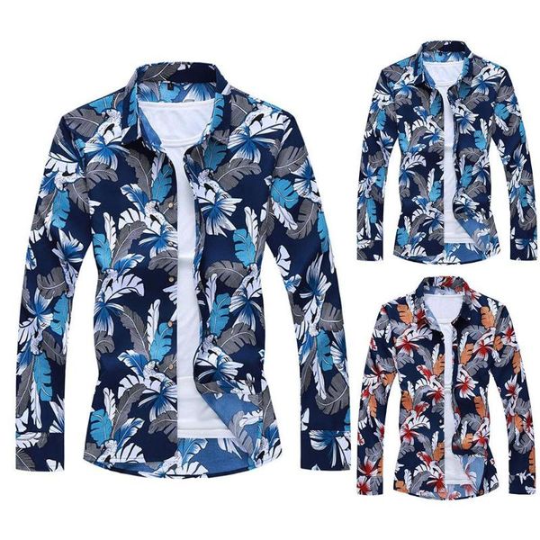 

men's casual shirts floral printed men lapel collar long sleeve buttons large size male work, White;black