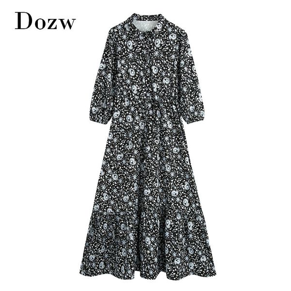 

women elegant floral print long dress lantern sleeve casual shirt dress bandage vintage pleated dress vestido de mujer 210414, Black;gray