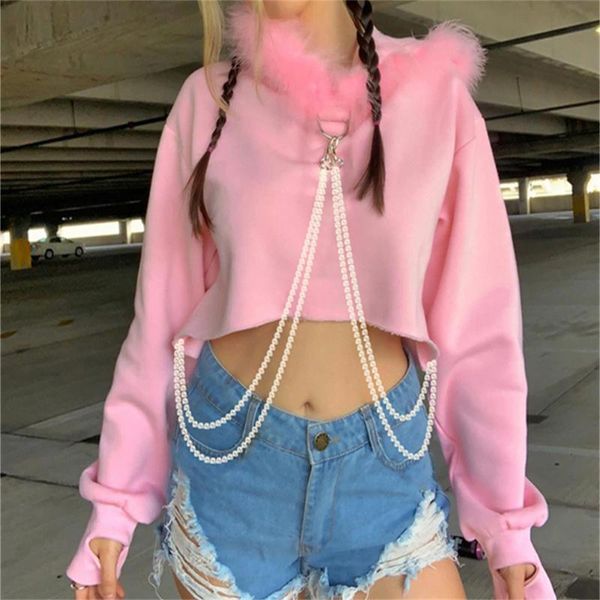 

women's jackets women casual long sleeve sweatshirt autumn jacket,2021 fashion solid color exposed navel furry hooded female clothing, Black;brown