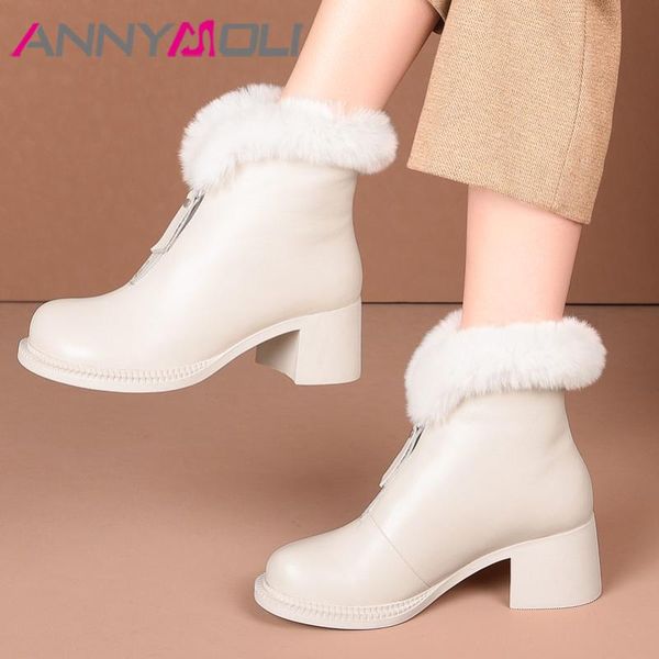 

boots annymoli fur snow women genuine leather high heel ankle zipper chunky heels short winter beige large size 40, Black