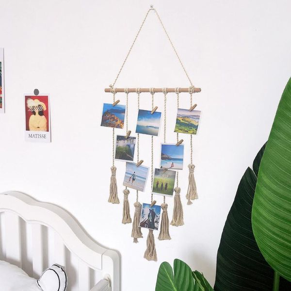 

macrame tapestry woven wall hanging po display pictures organizer bohemia tassel decor with 25pcs clips decorative objects & figurines