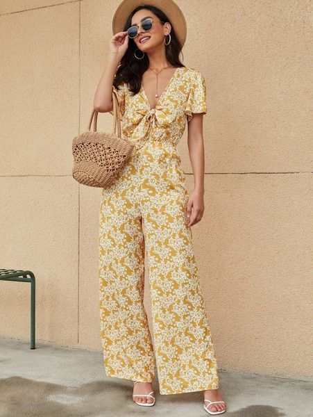 

floral print butterfly sleeve knot front wide leg jumpsuit j1jf#, White