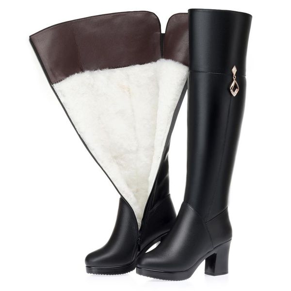 

boots gktinoo women's over the knee natural wool genuine leather women winter warm high-heel motorcycle, Black